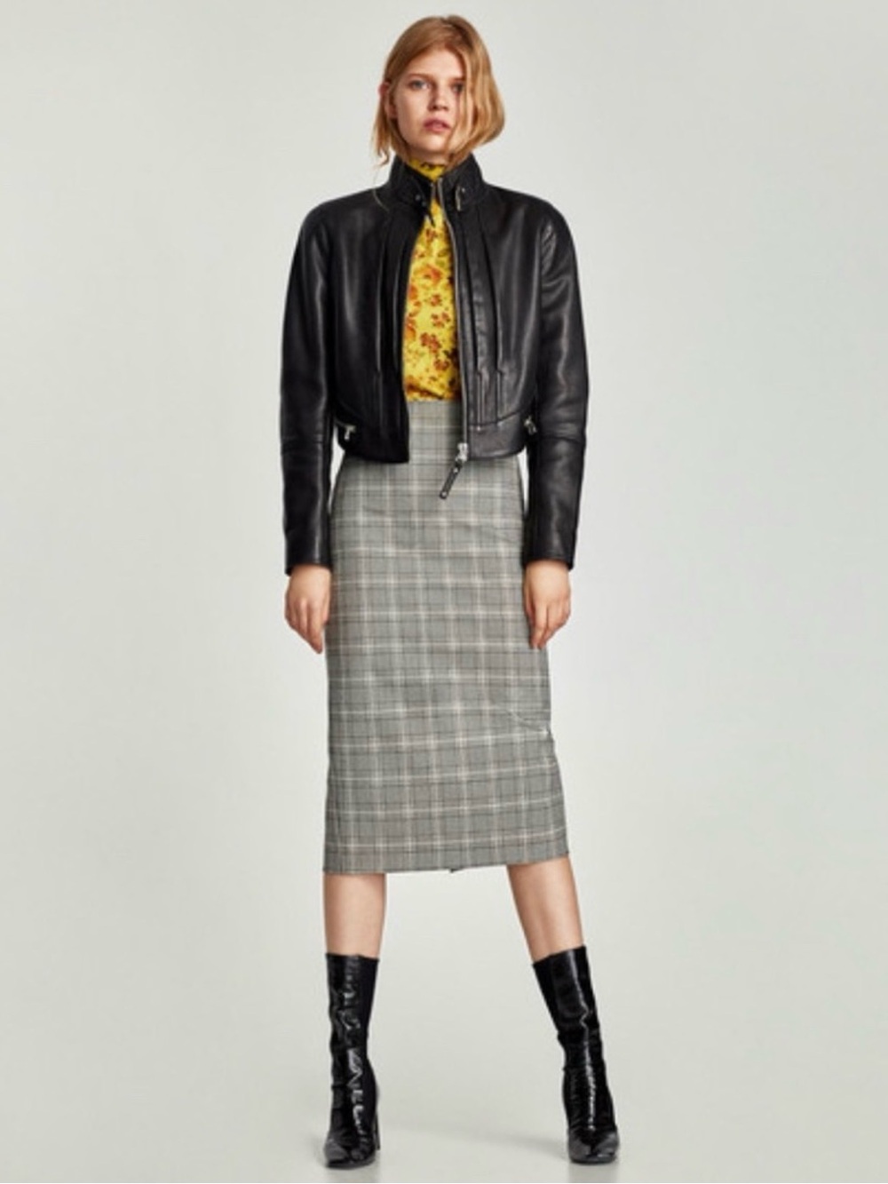 ZARA WOMAN Glen Plaid High Waisted Midi Pencil Skirt Size S